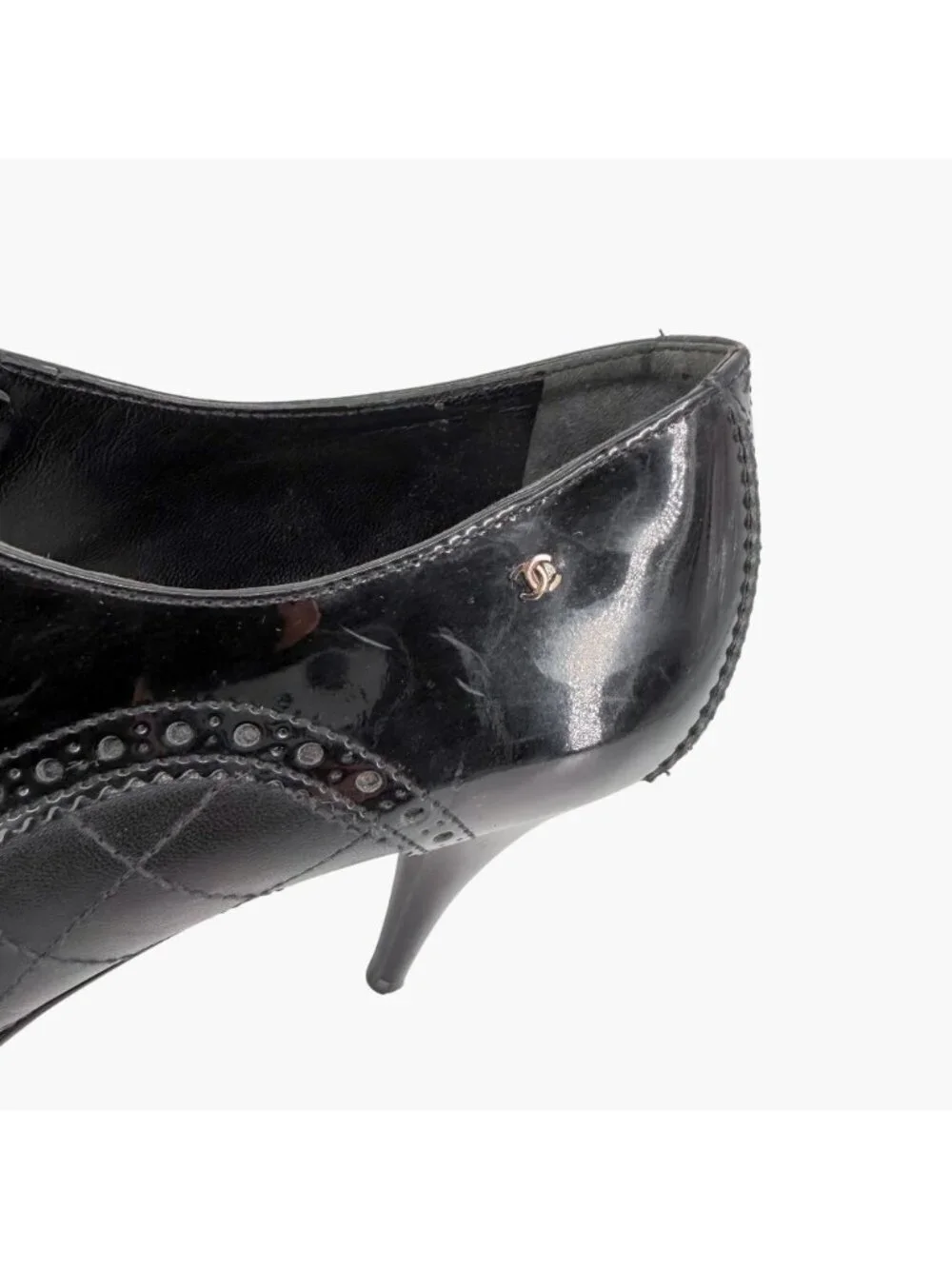 Chanel Black Brogue Ankle Booties Size 40 US 9-9.5 Women's Quilted Leather Heels